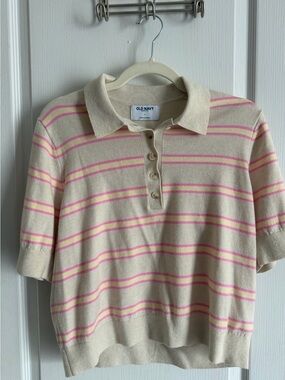 Old Navy Cream sweater with Pink stripes V-neck Polo
